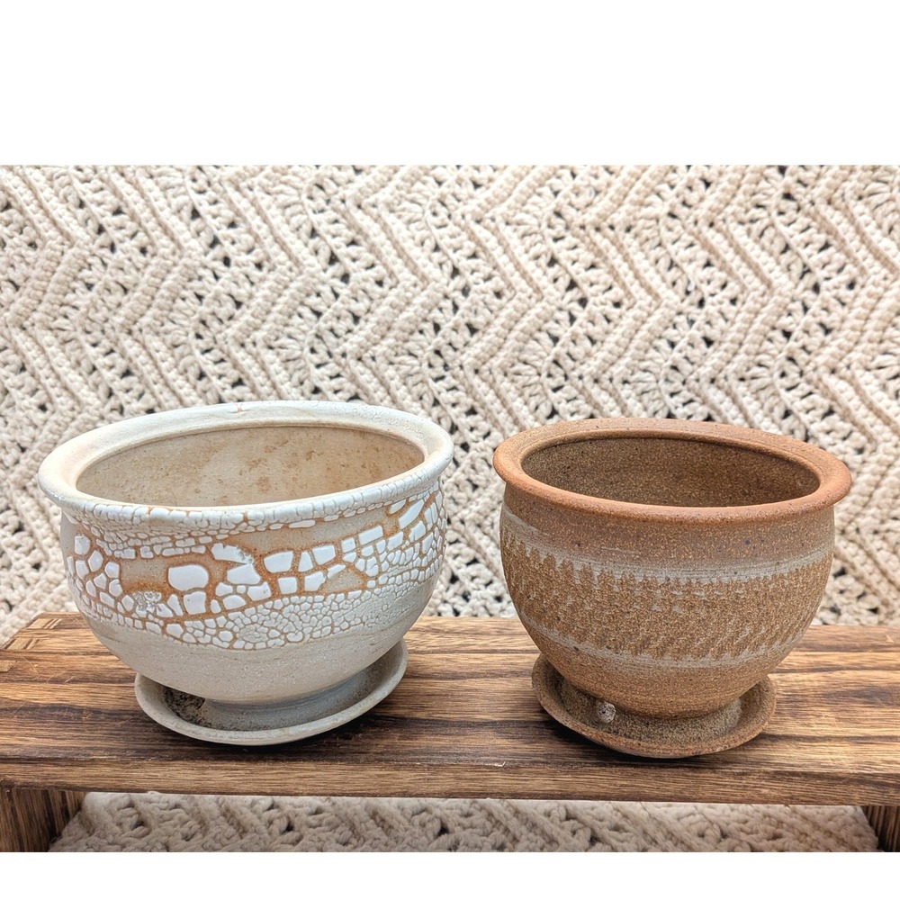 Bruning Pottery Studio Ceramic Planter Set White Crackle Terracotta 2pc SET 1